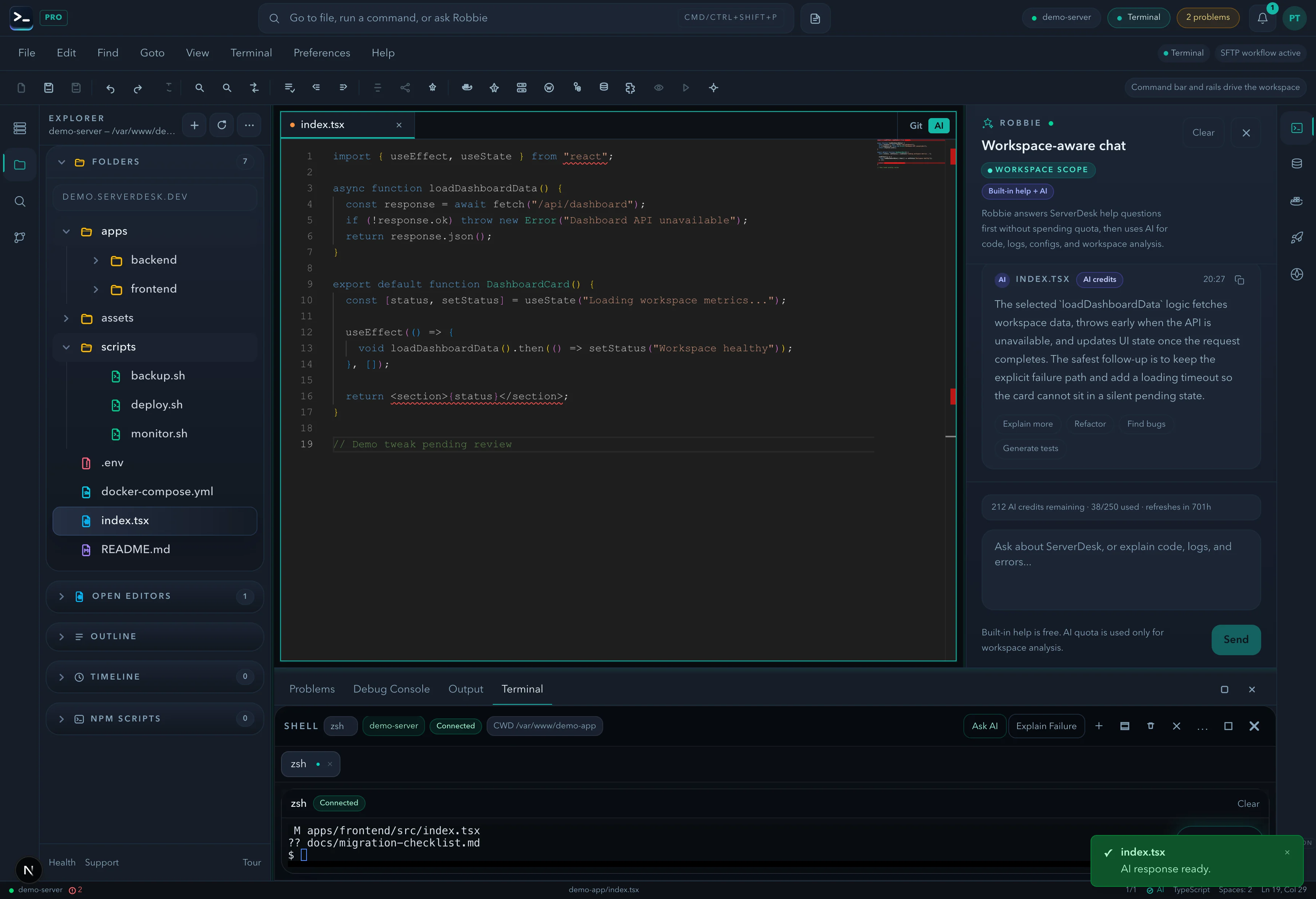 ServerDesk workspace showing Explorer, editor, terminal, and Robbie as the Codeanywhere replacement