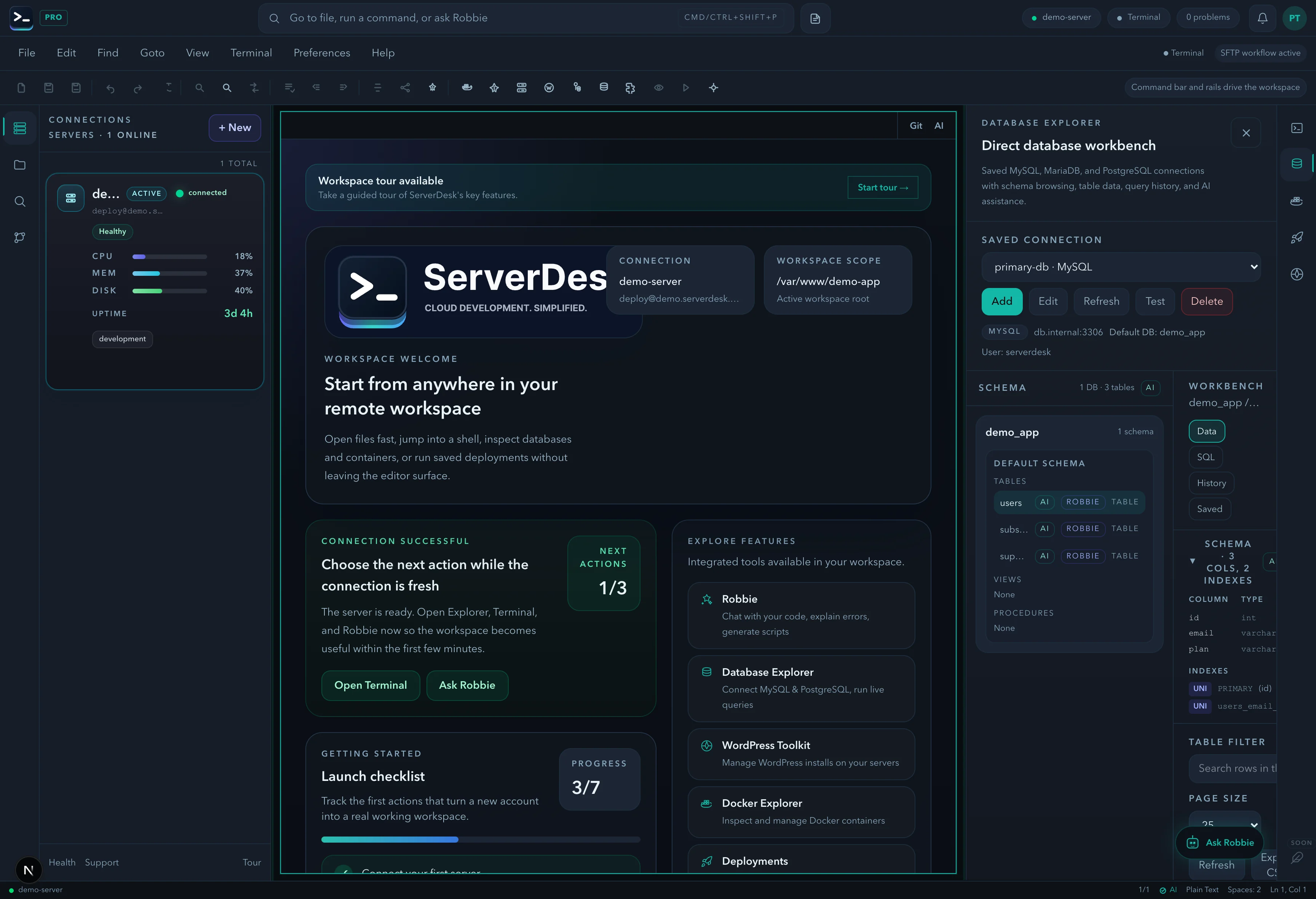 Database Explorer with schema tree and SQL results