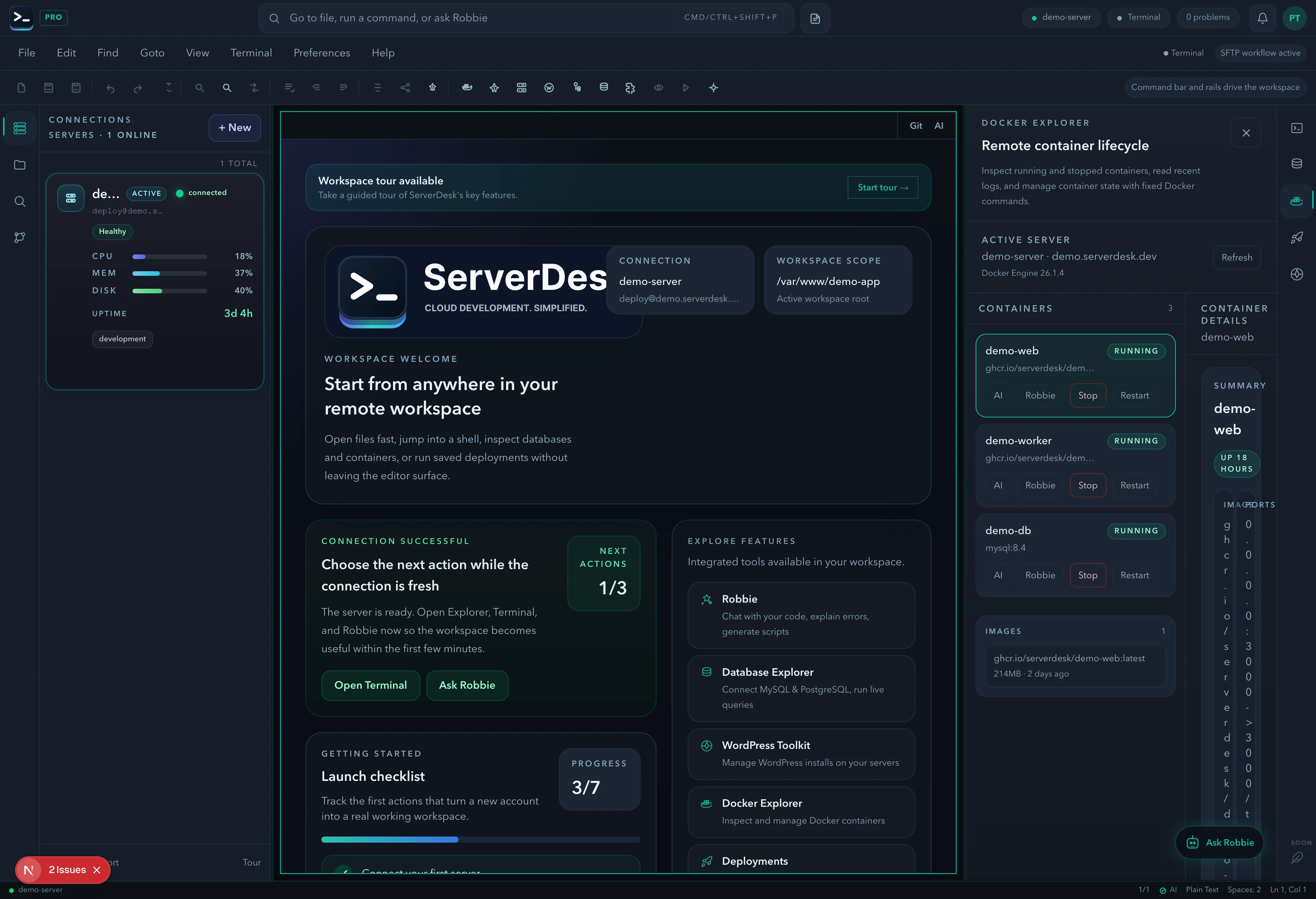 Docker Explorer with container list and live logs