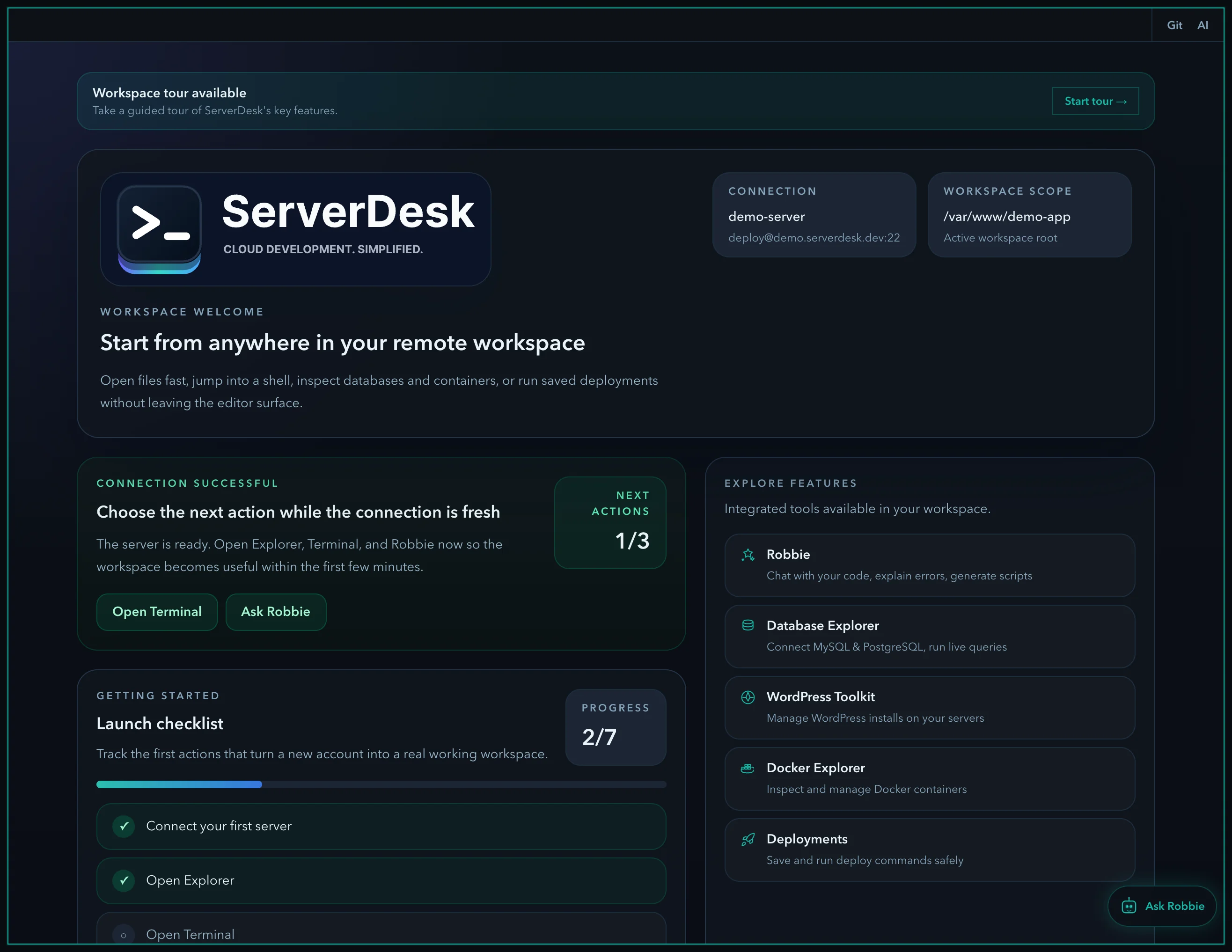 Codeanywhere migration workflow in ServerDesk — connection setup, Explorer, terminal, and Robbie